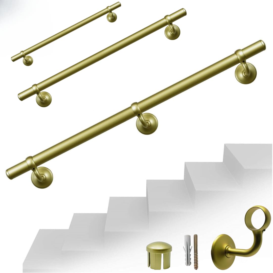 Parpyon® Corrimano a muro Scala Tubo passamano Prodotto 100% Italiano Fissaggio a parete con supporto Kit montaggio FACILE fai da te scale e balaustra (Oro Satinato, 40cm)