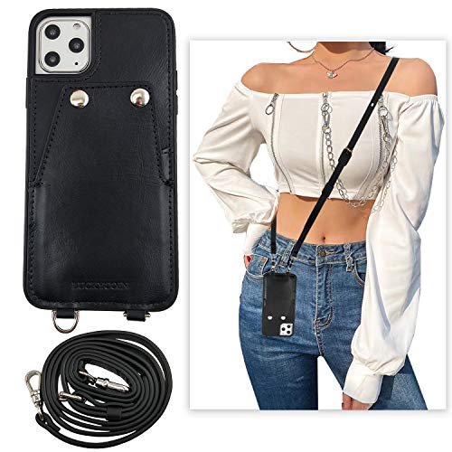 LUCKYCOIN Crossbody iPhone Cases 11 Pro Max Vintage Leather Purse Wallet Detachable Adjustable