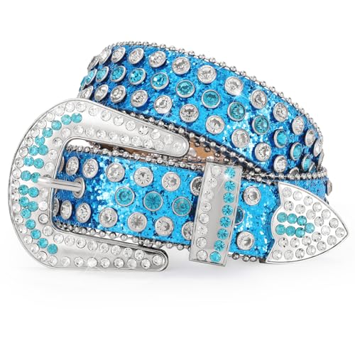 Image of WERFORU Women Men Western Rhinestone Studded Leather Belt Unisex Bling Cowgirl Cowboy Waist Belt for Jeans Pants Dress