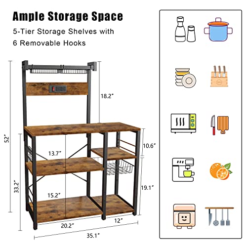 Lidtop Bakers Rack With Power Outlet, 5-Tier Microwave Stand With Storage, Coffee Bar Table Coffee Station, Kitchen Storage Rack Shelves For Spices, Pots And Pans With Basket 6 S-Shaped Hooks #TOP6