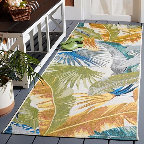 SAFAVIEH Washable Rug Outdoor Barbados Collection - 2'8" x 10'5", Gold & Green, Non-Shedding & Easy to Clean, Ideal for Patio, Backyard, Mudroom (BAR520C)