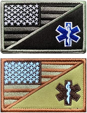 Antrix 2 Pieces Military USA American Flag/EMS EMT Star of Life Medical Paramedic Medic Patches Tactical Embroidered Fastener Badge Emblem Applique Hook & Loop Patches(Black & Tan)