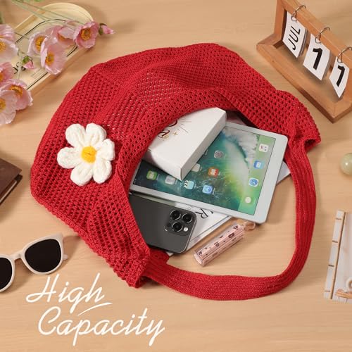 Image of Premillow Crochet Beach Bags for Women, Summer Beach Tote Bag, Mesh Cute Beach Purse, Aesthetic Knit Bag Handbag Shoulder Bag