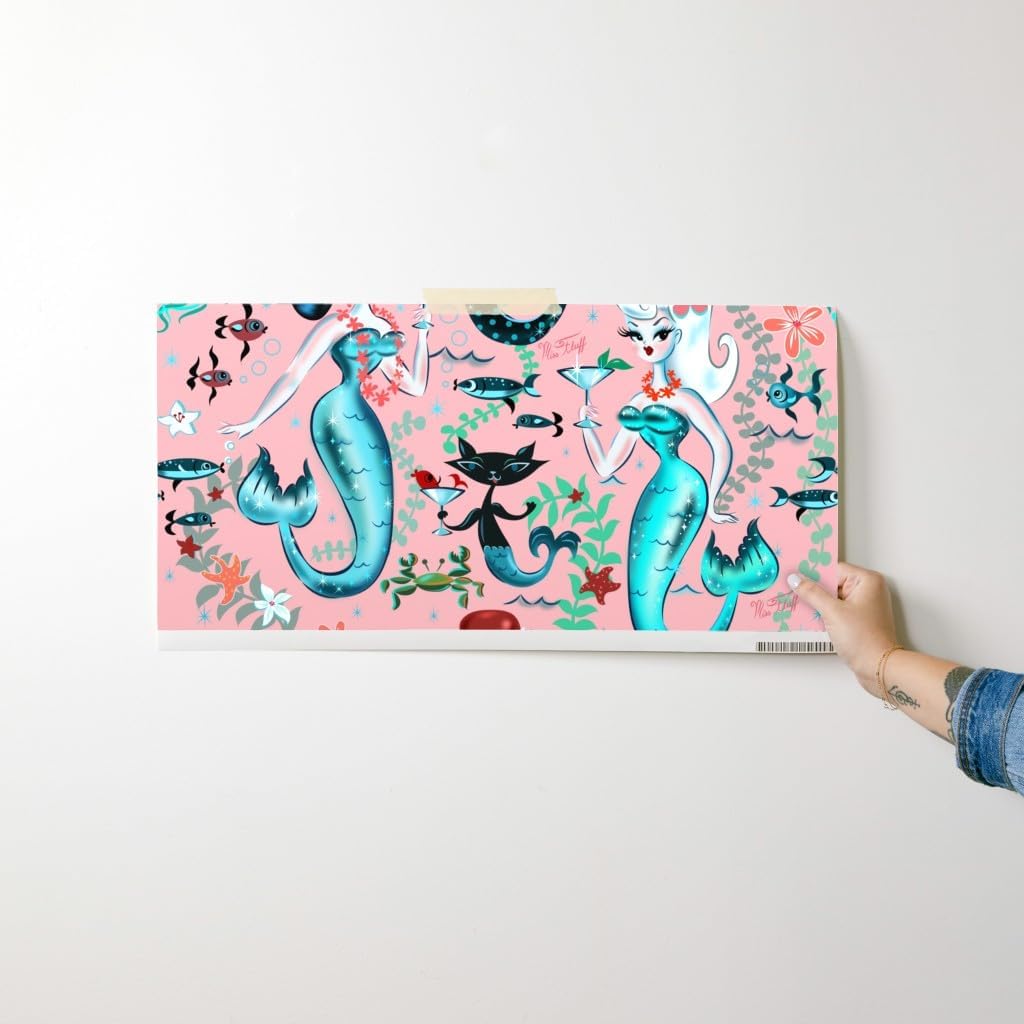 Spoonflower Peel & Stick Wallpaper Swatch - Martini Mermaids Coral Vintage Mermaid Retro Nautical Mid Century Ocean Princess Custom Removable Wallpaper