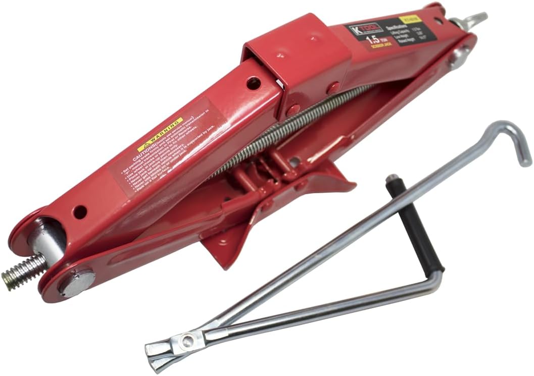 K Tool International 63100 1.5 Ton Automotive Scissor Jack for Garages, Repair Shops, and DIY, Compact, Portable, 3,000 lbs. Capacity, Lifting Range 4.1" - 15.2", Alloy Steel, Long Crank Handle, Red