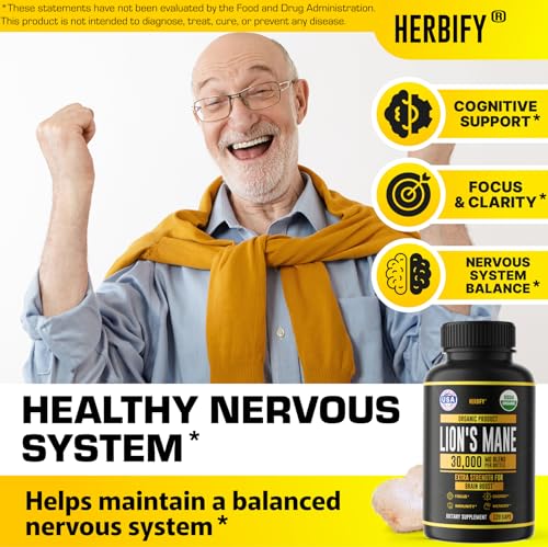 Image of HERBIFY Lions Mane Supplement - Daily Mushroom Supplement for Memory, Focus & Clarity - Brain Booster - Lions Mane Capsules for Natural Immune Support - Vegan, Organic - 120 Capsules