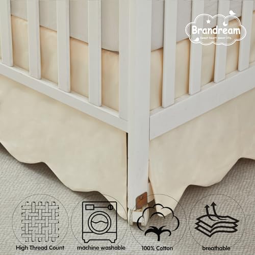 Image of Brandream Scallop Edge Cotton Crib Skirt Toddler Bedskirt Baby Nursery Crib Bed Skirt Boho Bohemian Neutral Solid Color Vintage Ivory Cream Off Farmhouse Chic Boho Bohemian Skirt
