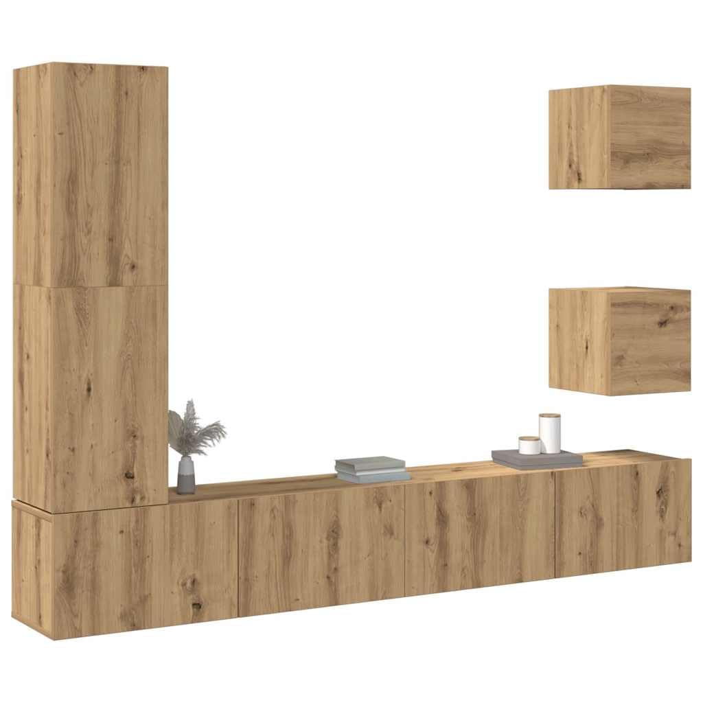 TV-Möbel-Set, 5-teilig, Eiche | Spanplatte, praktische Tür, großer Raum, 30,5 x 30 x 110 cm, 100 x 30 x 30 cm