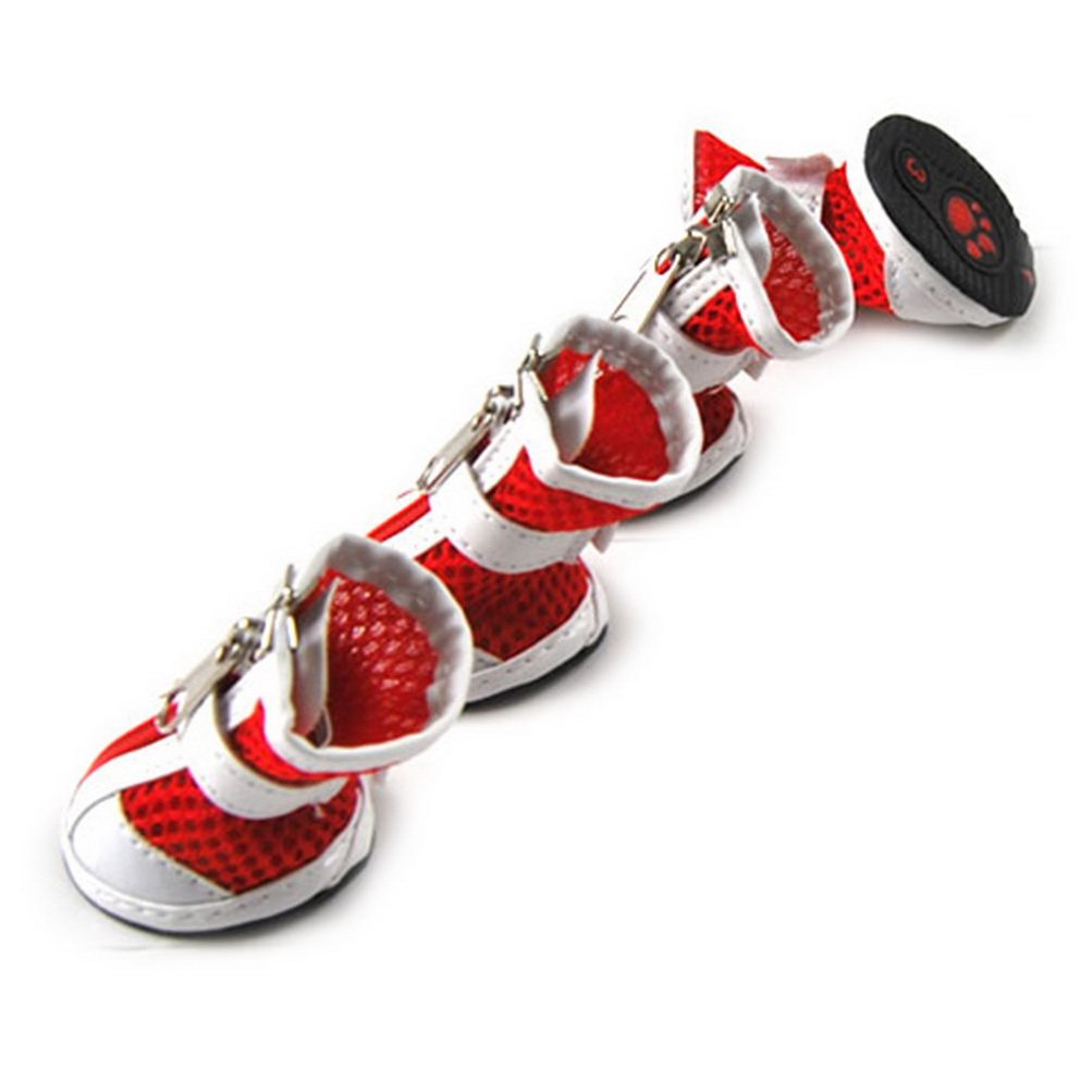 ZUNEA Small Dog Shoes for Hot Pavement Summer Breathable Mesh Boots Adjustable Non Slip Zipper Pet Dogs Booties White PU Paw Protector Red 1#
