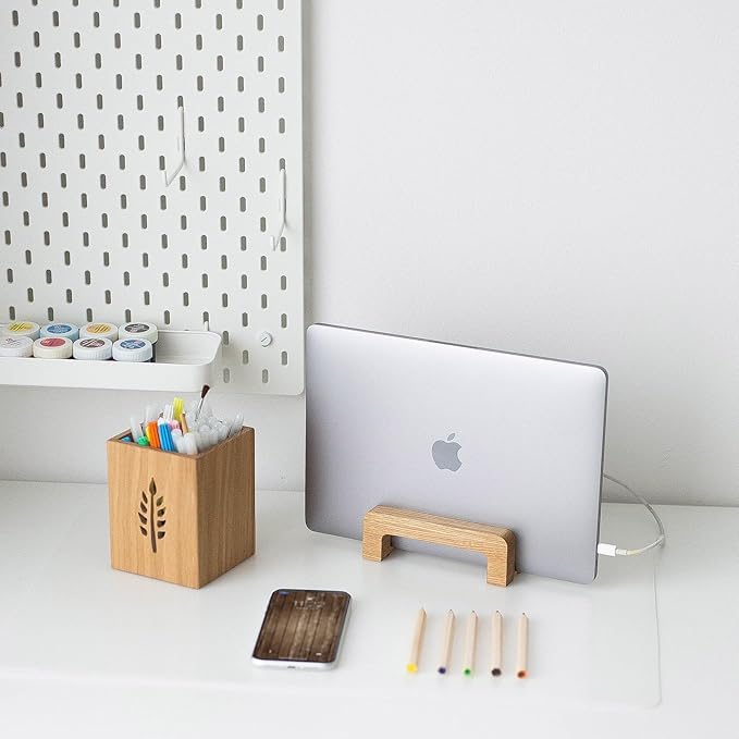 Image of Wooden Laptop Stand and Phone Dock | Compact Table Organizer | Handmade Holder | Laptop Desk | Computer Stand | Wooden Vertical Stand for Laptop & Phone | Workstation Organizer