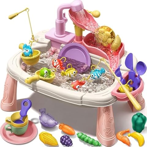 Geyiie Kids Sink with Running Water, 14.5''L x 9.4''W x 11.6''H Interactive Small Play Sink for Toddlers, Includes Real Faucet, Kitchen Accessories, Fishing Toys - Kids Role Play Dishwasher Toy Cover