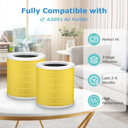 Image of 2 Pack A2001 Replacement Pet Filter, Compatible with A2001 Air Purifier,3-in-1 High Efficiency Filtration, Compared Part #AF-2001, Yellow