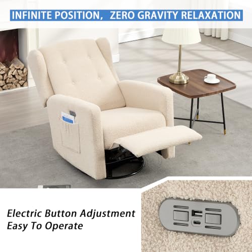 Image of Ketaiyou Power Swivel Rocking Recliner Chair, Electric Rocker Nursery Glider Chair, USB and Type-C Ports, Upholstered Teddy Fabric Reclining Single Sofa Chair for Living Room (Light Khaki)