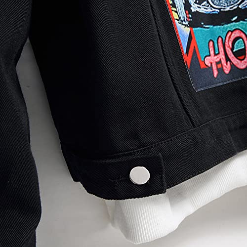Men's Oversize Lapel Black Denim Jacket Cartoon Print ​Patchwork Button Baggy Solid Men Big And Tall Jackets #TOP2