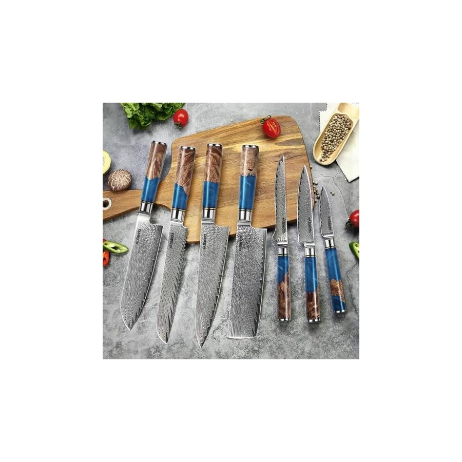 Seido-Knives-7-Piece-Executive-Damascus-Steel-Knife-Set-with-Japanese-VG-10-Super-Steel-Core-Home-Kitchen-Knife-Set-Professional-Design-Handle-Blue-Resin-Epoxy-and-Strong-Stabilized-Wood Seido Knives 7-Piece Executive Damascus Steel Knife Set with Japanese VG-10 Super Steel Core - Home Kitchen Knife Set - Professional Design Handle Blue Resin Epoxy and Strong Stabilized Wood