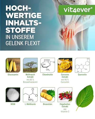 vit4ever Gelenk Flexit - 180 Kapseln - Hochdosierter Komplex mit Glucosamin + MSM + Weihrauch Extrakt + Chondroitin + Curcuma + Quercetin + L-Methionin + Bromelain + Vitamin C