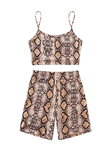 SOLY HUX Conjunto de dos piezas para mujer con estampado de piel de serpiente y pantalones cortos de motociclista, Marrón, Medium Cover