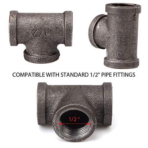 40 Packs 1/2\" Tee Pipe Fitting Black Cast Iron Tee Pipe Decor Plumbing Fittings Malleable Steel Industrial Pipe for DIY Furniture Decorative Shelving