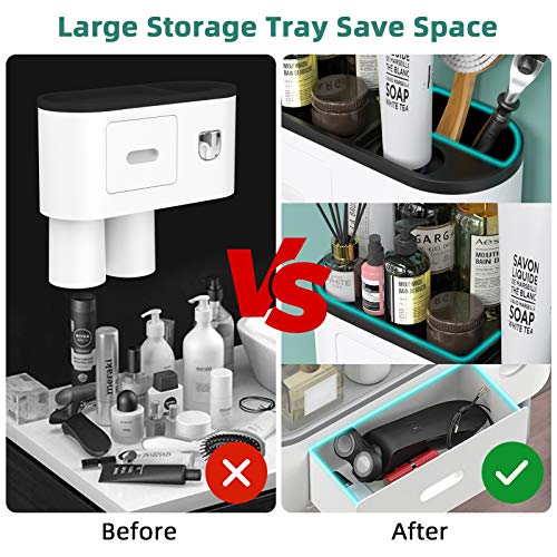 Bathroom Toothbrush Holder Wall Mounted Automatic Toothpaste Dispenser - Electric Toothbrush Holder With Toothpaste Squeezer,Magnetic Cup,Storage Drawer And 4 Toothbrush Organizer Slots(Black, 2 Cups) #TOP2