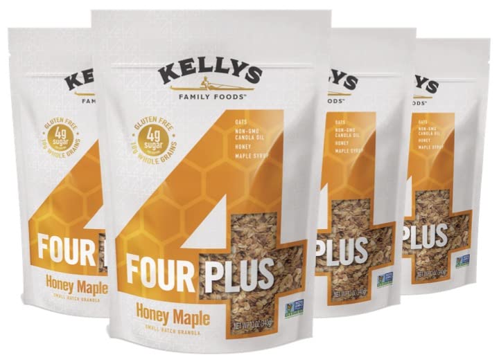 Image of Kellys Four Plus Granola Cereal | Honey Maple Healthy Granola for Yogurt | Hand Made Snacks for Breakfast - 12 oz (Pack of 4)