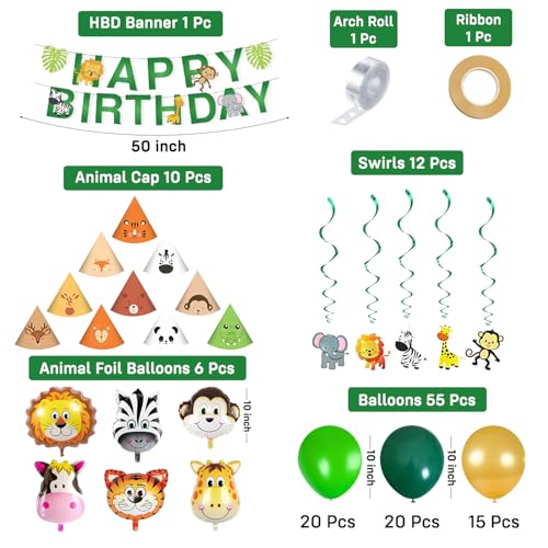 Image of Party Propz Jungle Theme Birthday Decoration Kit - 86 Pcs, Balloons for Birthday, Bday Decor Items with Animal Bday Cap, Jungle Happy Birthday Banner, Happy Birthday Decoration Kit (Cardstock)