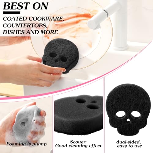 Image of Tioncy 12 Pack Skull Sponges Bulk Gothic Dual Sided Scrubber Black Skull Sponges Reuseble Non Scratch Dishwashing Kitchen Cleaning Accessories for Cookware Pot Boiler Pan Household