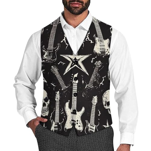 Rock Music Themed Men's Suit Vest Slim Fit V-Ncek Waistcoat Business Casual Vest