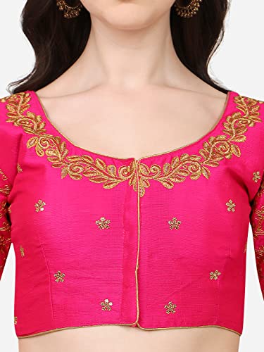 Image of Pujia Mills Women's Phantom Silk Embroidery Handwork & Sequin Work Peacock Design Half Sleeve Readymade Blouse (Mor Blouse Gold 38 Size+Margin)