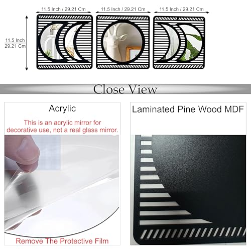 Image of Abstract Geometric Acrylic Mirror Wall Decor Set of 3 | Modern Decorative Wall Art for Living Room, Bedroom & Office | Silver Acrylic with Black Laminated Pine Wood MDF