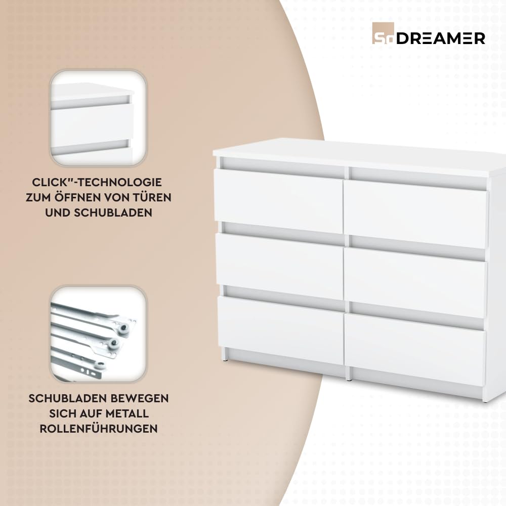 Kommode mit 6 Schubladen Weiß | 100x33x71 cm| Große geräumige Schubladenschrank | Ideal für Schlafzimmer, Wohnzimmer, Kinderzimmer und Büro
