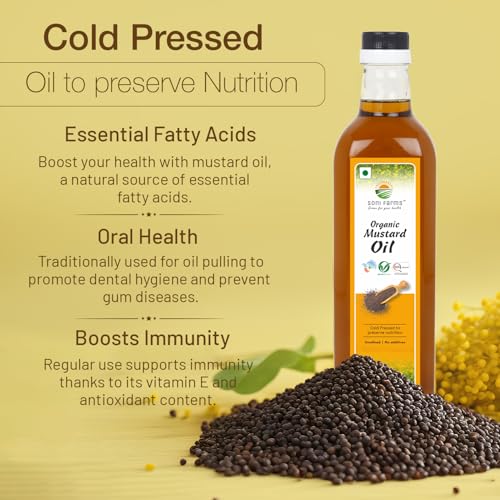 Image of Soni Farms 100% Pure and Organic Mustard Oil 1 Litre Natural, Chemicals and Preservatives Free Cooking Oil Pack of 5