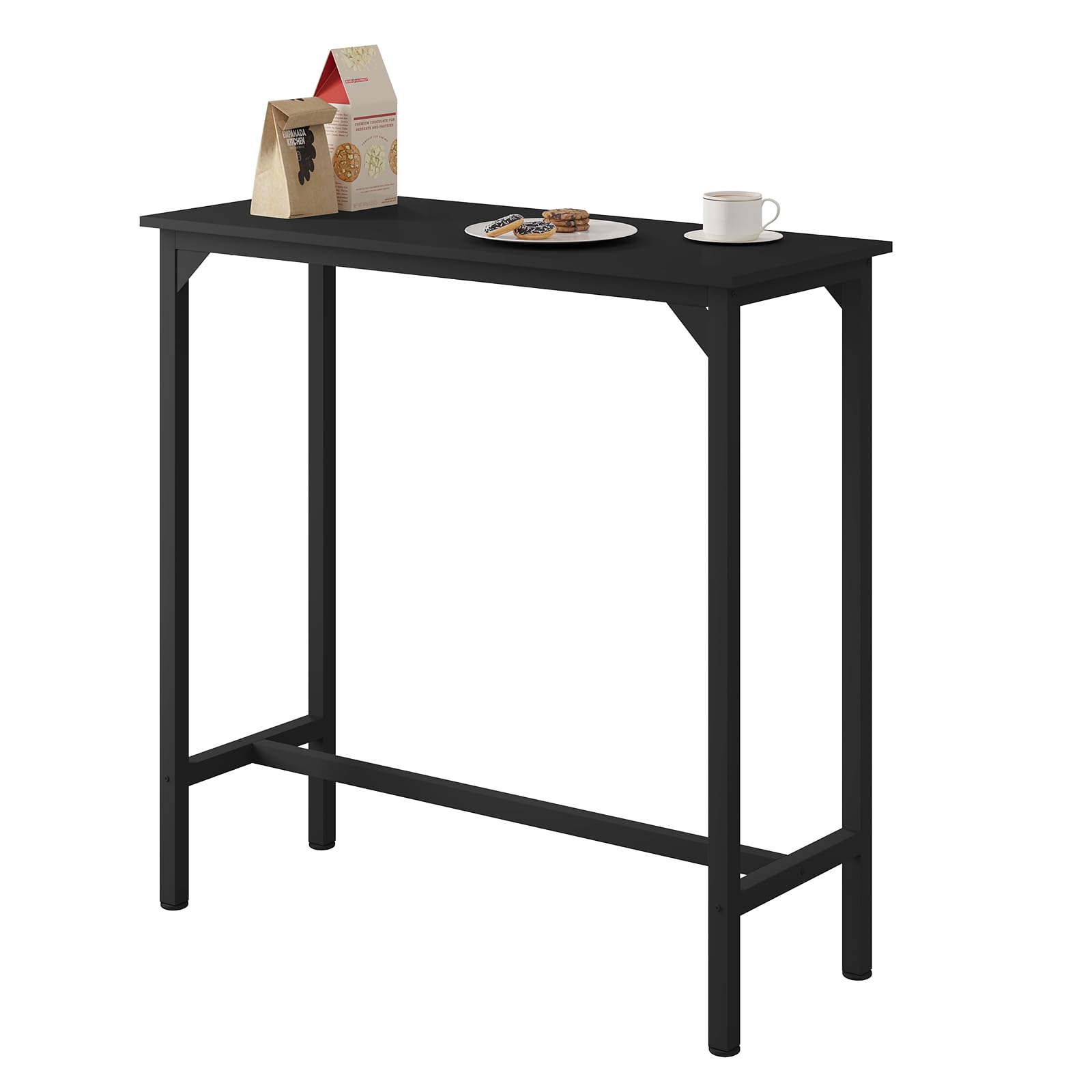 EUGAD Mesa Alta Cocina, Mesa de Bar Estrecha, para Isla de Cocina, Comedor, Barra Bar y Cafeteria, Marco Metalico, Encimera Madera, Pies Ajustable, Estilo Industrial, Negro, 100x40x100 cm