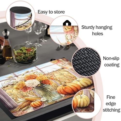 Image of Vintage Flower Vases Pumpkins Stove Top Covers Pad 28 x 20 inches Dish Drying Mat Coffee Bar Mats Kitchen Decor Absorbent Pad Fit Coffee Maker Machine Dish Drying