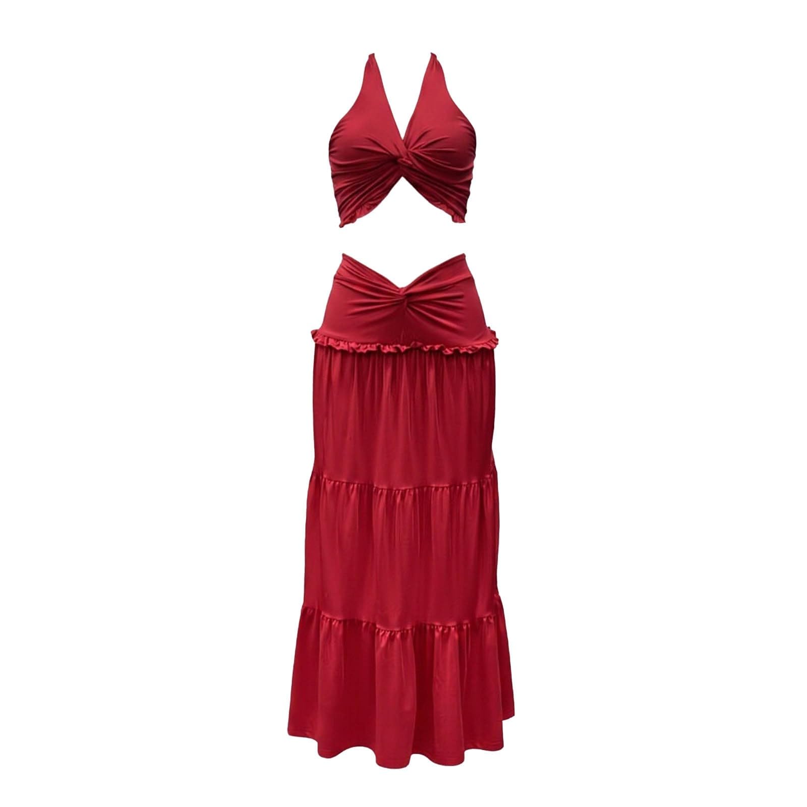 due pezzi alla da donna composto da top corto pieghe gonna lunga. (Red, L)