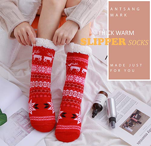 Antsnag Womens Slipper Socks Fuzzy Fluffy Cabin Cozy Winter Thick Warm Comfy Fleece Soft Non Slip Christmas Gift Stocking Stuffer (Snowflake Deer (Red)) #TOP1