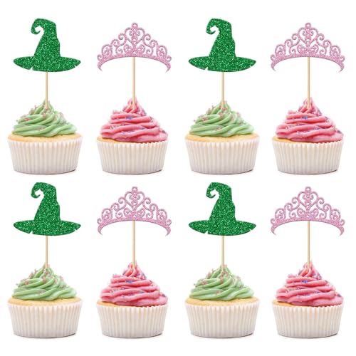 24 Pcs Witch Hat Cupcake Topper Crown Cupcake Topper Dessert Food Safe Cake Decorations for Witch Wizard Theme Baby Shower Birthday Party Supplies Pink and Green