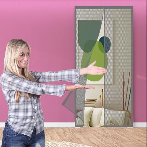 マグネット式網戸 玄関網戸 137 x 233 cm マグネット開閉式出入り楽々自動で閉まる蚊帳虫よけ蚊取り防虫バチリ玄関寝室勝手口ベランダ, グレー