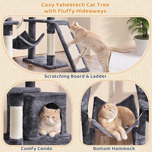 Image of Yaheetech 54in Cat Tree Tower for Large Cats, Multi-Level Condo & Hammock | Sisal scratching posts, roomy condo holds up to 22 lb, a wide 21-inch top perch fit large cats, dark gray
