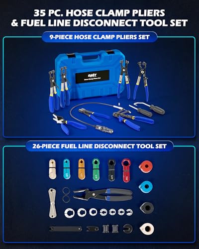 Image of OMT 35pc Master Disconnect & Hose Clamp Pliers Tool, Car AC Fuel Line Kit | Auto Long Reach Hose Clamp Remover Kit with Clic R Type Swivel Jaw, Fuel A /C Disconnect Pliers For Ford Chevy Dodge Vehicles
