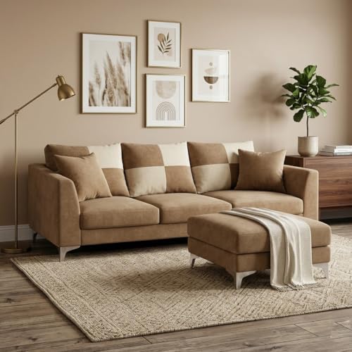 Image of Romeo Rich 4 Seater L Shape Sofa Set with Movable Ottomans | Flexible Layout | Velvet Suede Fabric | Golden Aesthetic Legs | Modern Sofa for Living Room (Beige)