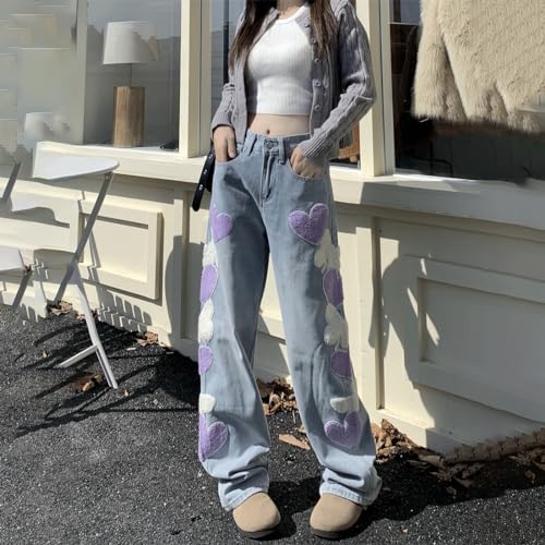 Y2K Goth Vintage Casual High Waisted Loose Straight Wide Leg Purple Heart Butterfly Embroidery Jeans for Women3