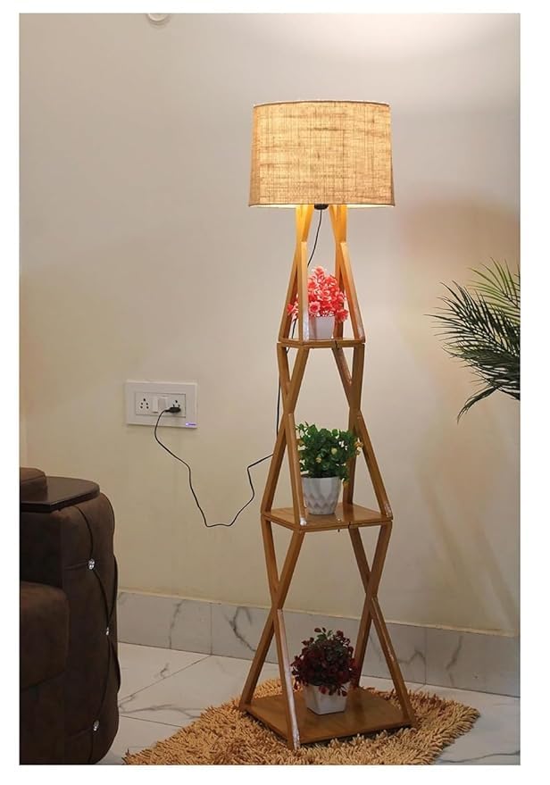 Modern Floor Lamp with Storage Shelves, Wooden Frame, Fabric Shade, Living Room Standing Light-image-8