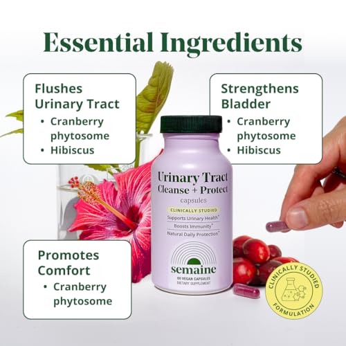 Image of Semaine Urinary Tract Cleanse & Protect - 60 ct, Bladder Support Supplement for Women, Flushes Urinary Tract. Combines Cranberry Proanthocyanidins with Hibiscus