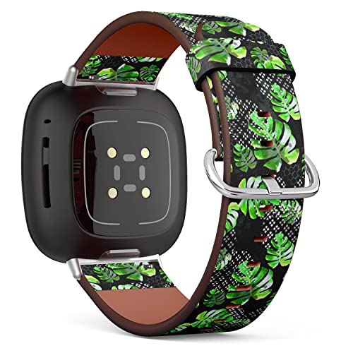 CJBROES Replacement Leather Watch Band, Compatible with Fitbit Versa 3 and Fitbit Sense of Wristband Bracelet Accessory - Palm Leaves Tropical