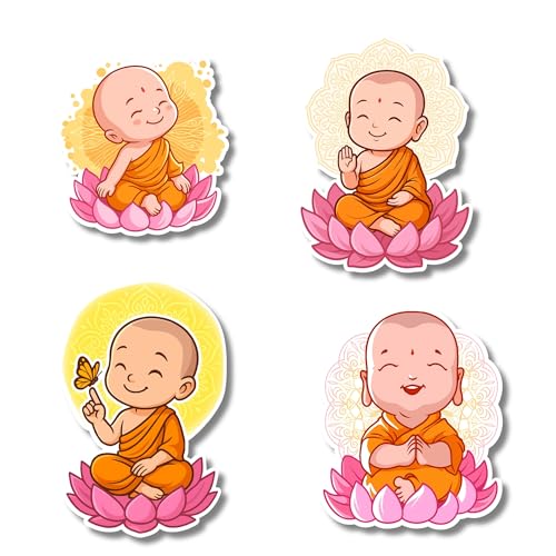 Image of Regalo Casila Baby Monk Fridge Magnet Set of 4 Kids Room Kitchen Home Decoration Cute Peaceful Spiritual mini Monk Stickers on Lotus Spiritual Gifts for Adults Children Return Gifts Meditation Lovers