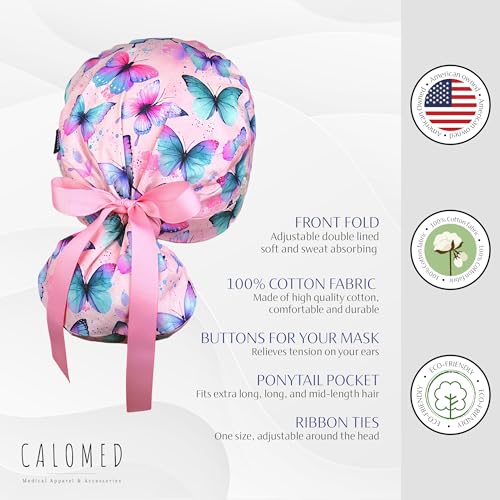 Image of Scrub Cap for Women and Men, Ponytail Scrub Caps, Working Hat, Head Cover with Ribbon Ties and Buttons, Long Hair