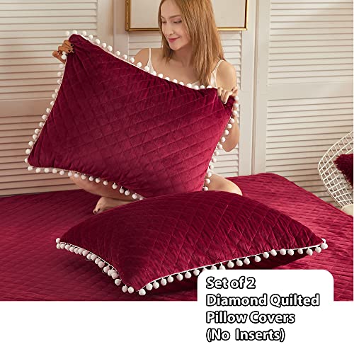 Liferevo 2 Pack Diamond Quilted Velvet Bed Pillowcases, Pom Poms Fringe Decorative Throw Pillow Shams Set Of 2, Soft Bed Pillow Cases Zipper Closure For Teen's Girls Bedroom (Burgundy,Standard/Queen) #TOP1