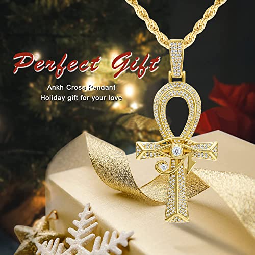 Iced Out Eye of Horus Ankh Cross Pendant Ancient Egyptian Necklace Chain 14K Gold White Gold Plated Protection Jewelry for Men Women with Stainless Rope Chain3