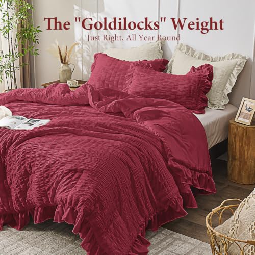 Image of JOLLYVOGUE Burgundy Oversized Queen Comforter Set,3pcs Seersucker Bed Set | OEKO-TEX Certified, All Season, Down Alternative Fill, Lightweight Bedding Set with Ruffle Comforter & Pillowshams, Easy Care