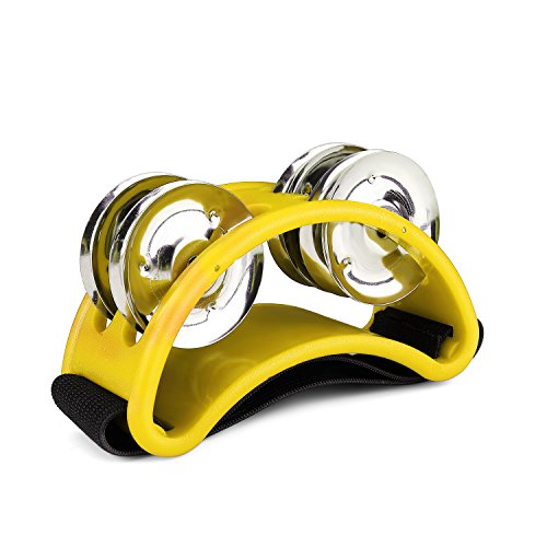Flexzion Foot Tambourine Percussion with Double Row Steel Jingles - Foot Shaker Musical Instrument Drum for Singer Vocalists Cajon & Guitar Players (Yellow)